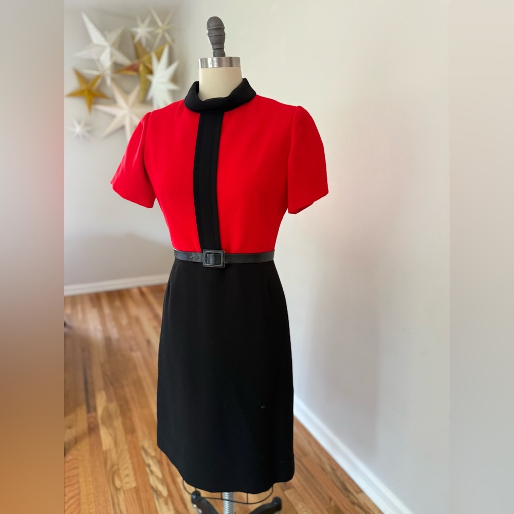 Vintage 60s Mod Colorblock Dress Red Black Belted High Collar